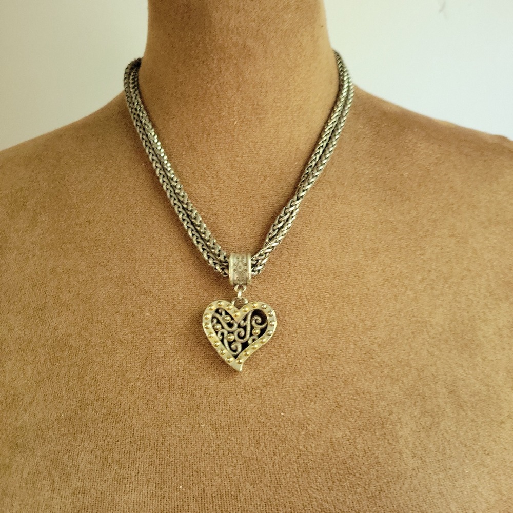 Vintage BRIGHTON Gate of Love Two Tone Heart Pendant Necklace 18" Y2K